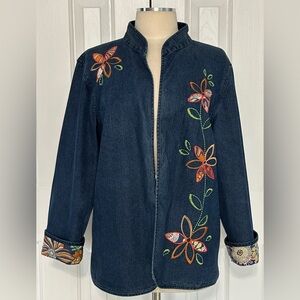Alfred Dunner Denim Floral Embroidered Jacket 16W Open Front